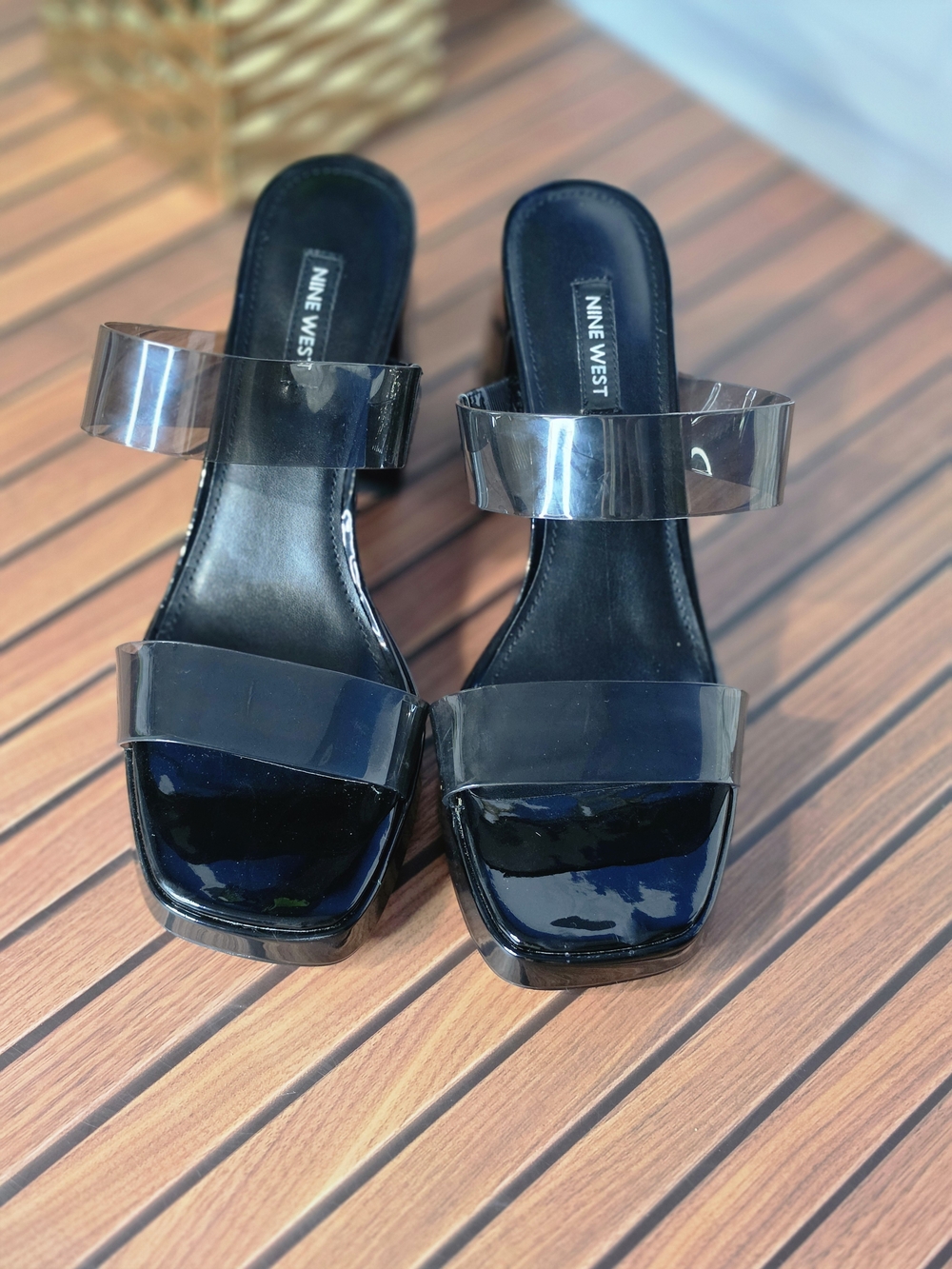 Nine West Women’s Size 8 Black Clear Strap Heeled Sandals Square Toe NWOT